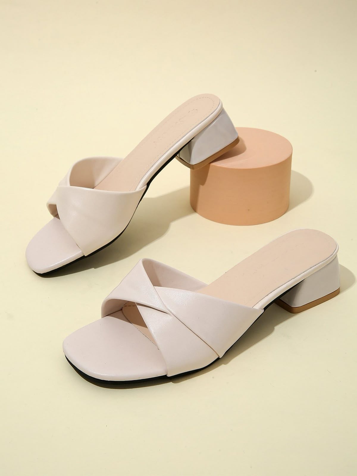Women's Cross Strap Block Heel Mules – Beige