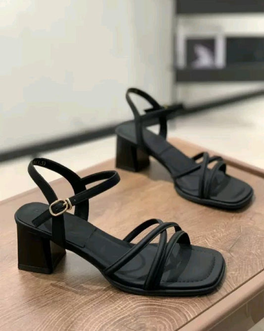 Black Strappy Block Elegant Heels