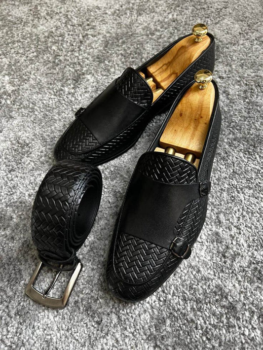 Woven Leather Double Buckle Loafer